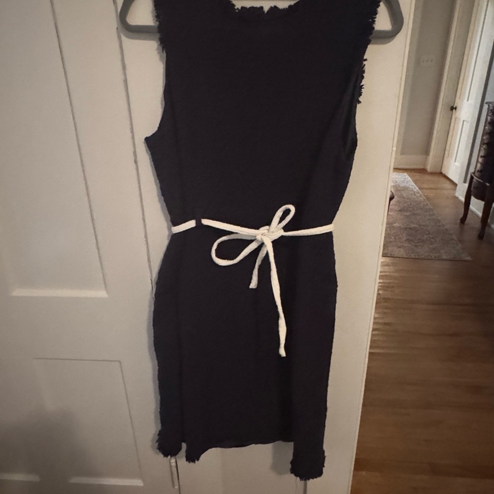 J. Crew Navy Mini Dress with White Belt and frayed hems.